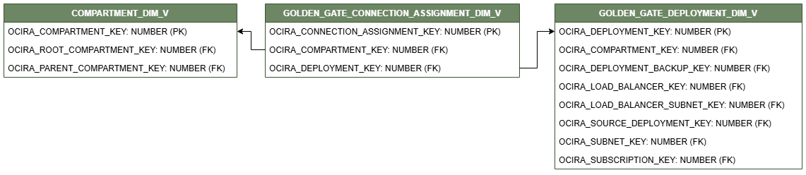 ディメンション表GOLDEN_GATE_CONNECTION_ASSIGNMENT_DIM_Vを示す関係図。