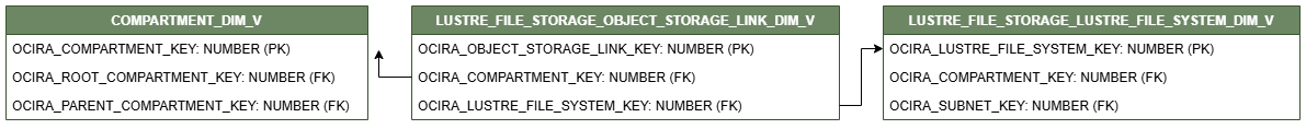 ディメンション表LUSTRE_FILE_STORAGE_OBJECT_STORAGE_LINK_DIM_Vを示す関係図。