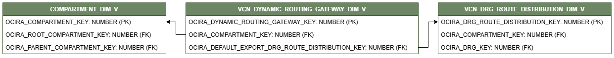 ディメンション表VCN_DYNAMIC_ROUTING_GATEWAY_DIM_Vを示す関係図。