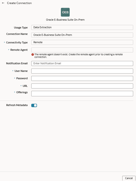 「Oracle E-Business Suiteオンプレミス接続の作成」ダイアログ
