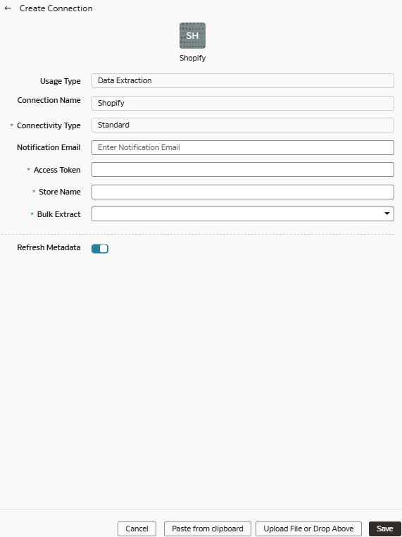 「Shopifyの接続の作成」ダイアログ 「Shopifyの接続の作成」ダイアログ