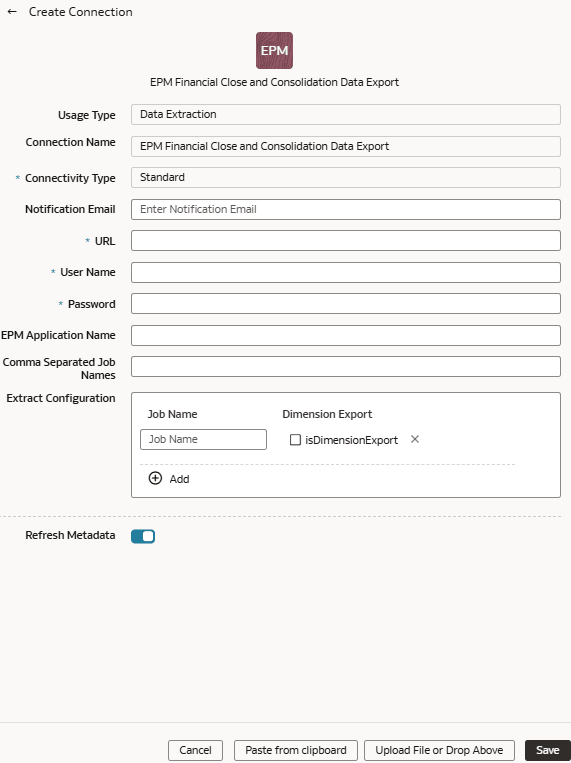 EPM Financial Close and Consolidationデータ・エクスポートの「接続の作成」ダイアログ