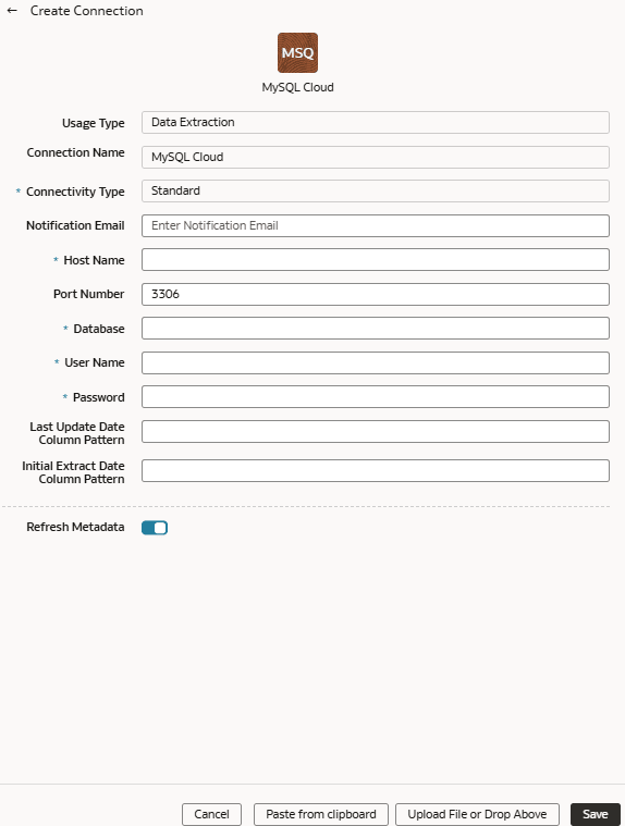 「Create Connection for MySQL Cloud database」ダイアログ 「Create Connection for MySQL Cloud database」ダイアログ