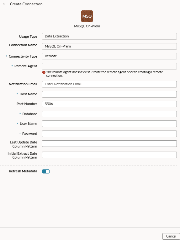 MySQL「オンプレミス」ダイアログの接続の作成