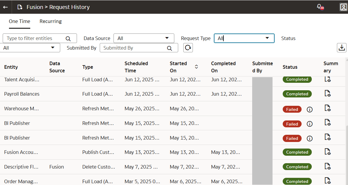 1回限りのリクエストの履歴