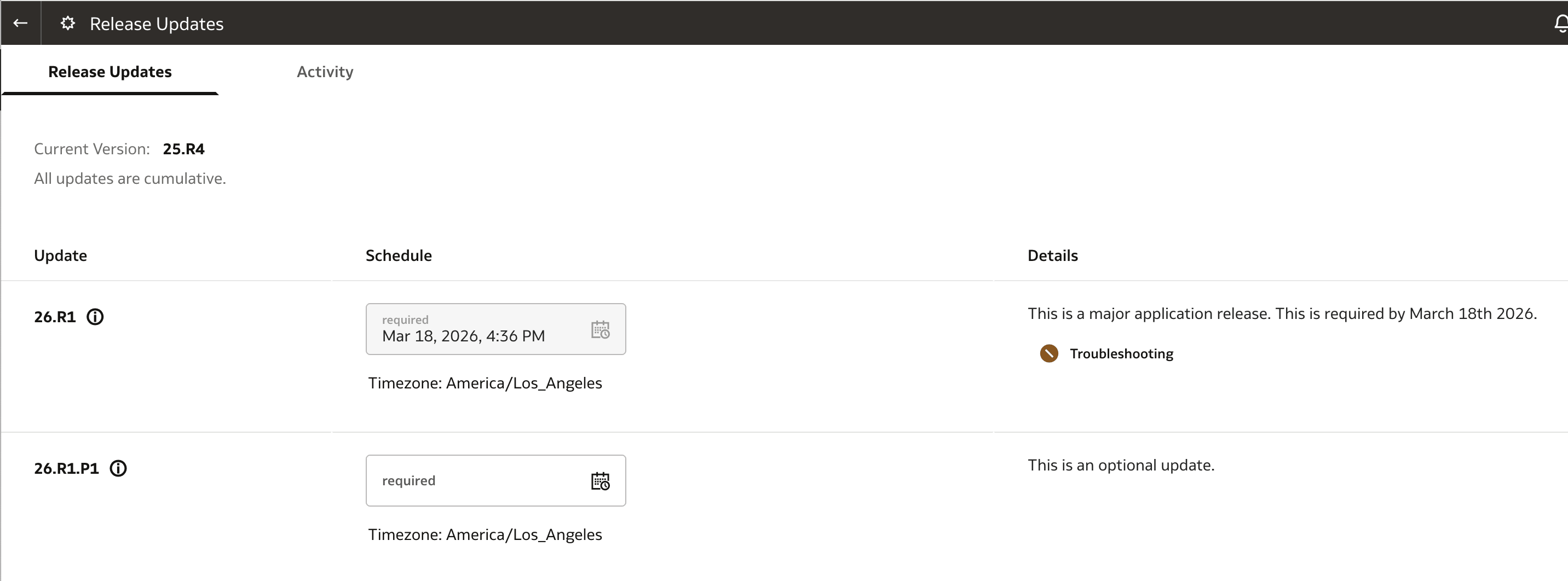 「リリース更新」ページの「トラブルシューティング」アイコン