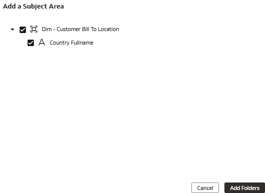 事前作成済の「顧客請求先詳細」フォルダの拡張された「国名」列が表示された「サブジェクト領域の追加」ダイアログ