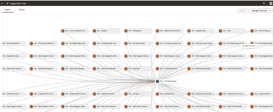 ディメンション- OM受注詳細ディメンション表が表示された「論理スター: ファクト」ページ