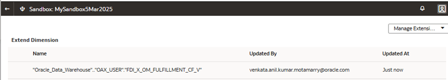 拡張ディメンションが表示された「サンドボックス: MySandbox5Mar2025」ページ