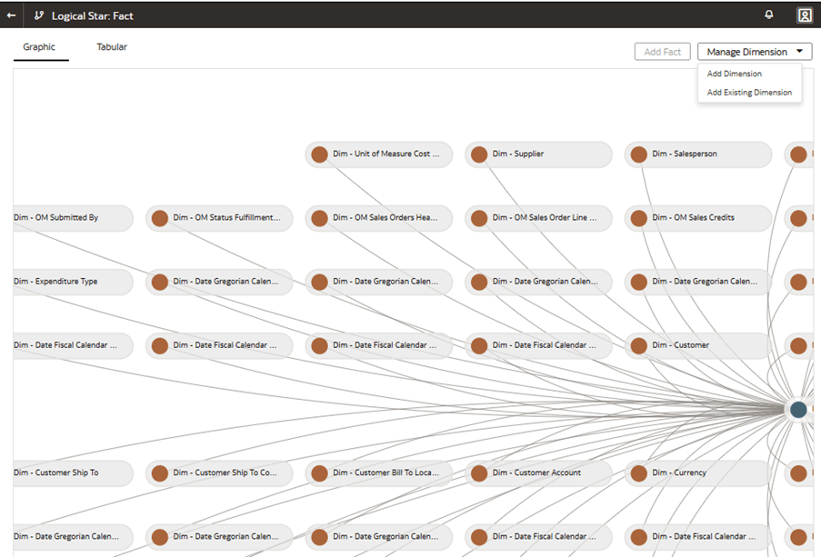 「ディメンションの管理」値リストが表示された「論理スター: ファクト」ページ