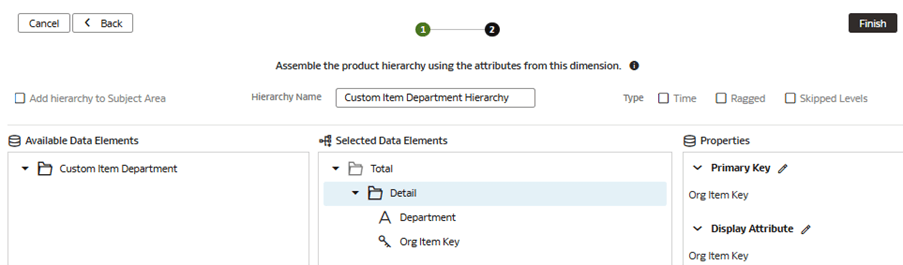ウィザードのステップ2が表示された「ディメンションの追加」ページ
