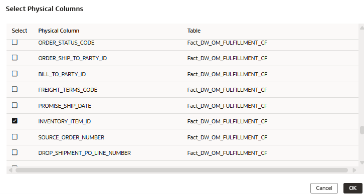 物理列の選択ページ