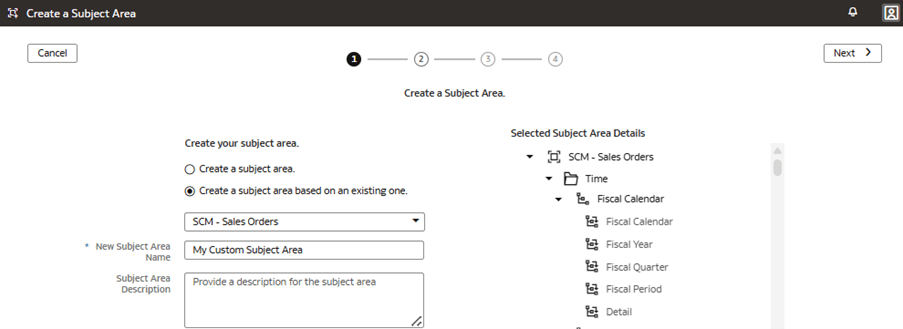サブジェクト領域の作成ページのウィザードのステップ1