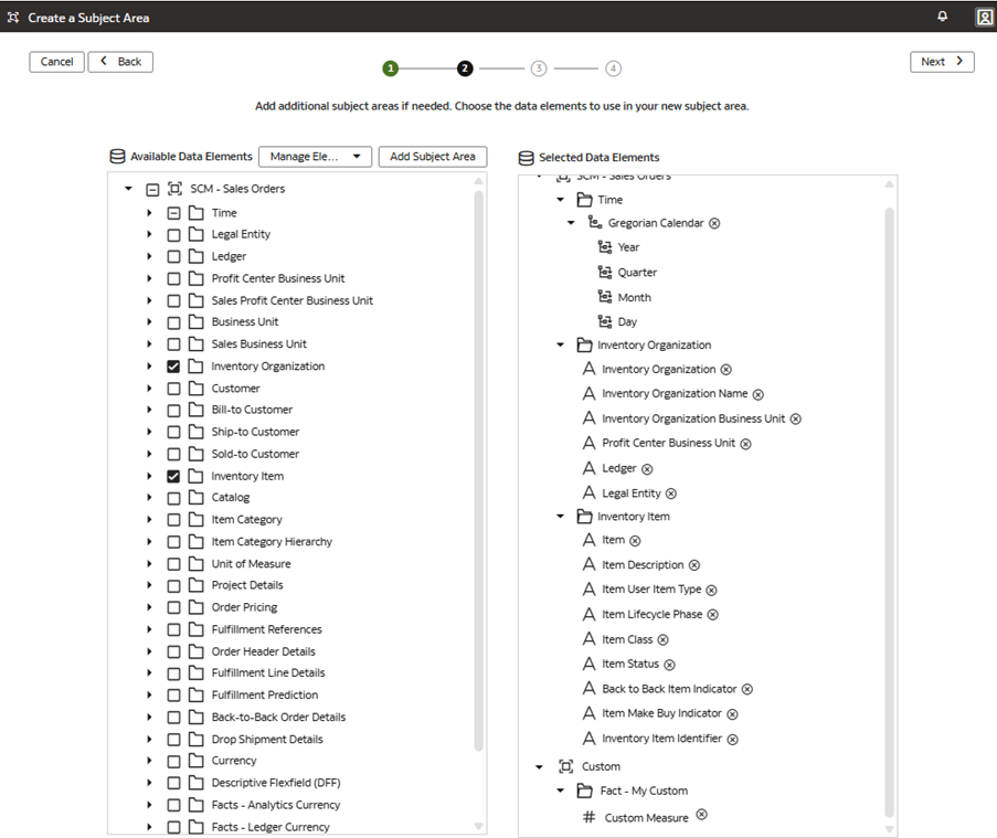 論理スターでカスタム・ファクトに結合した事前作成済ディメンションが表示された「サブジェクト領域の作成」ページのウィザードのステップ2