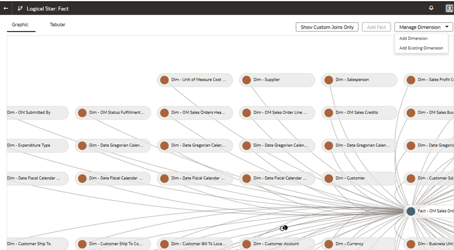 「ディメンションの管理」値リストが表示された「論理スター: ファクト」ページ 「ディメンションの管理」値リストが表示された「論理スター: ファクト」ページ