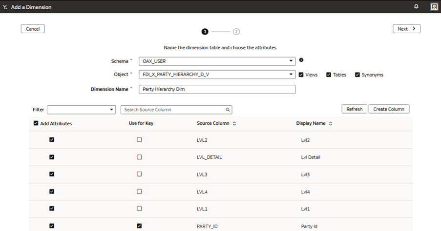 「ディメンションの追加」ページのウィザードのステップ1 「ディメンションの追加」ページのウィザードのステップ1