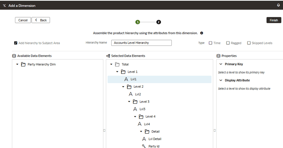 階層の組み立て方法が表示された「ディメンションの追加」ページのウィザードのステップ2 階層の組み立て方法が表示された「ディメンションの追加」ページのウィザードのステップ2