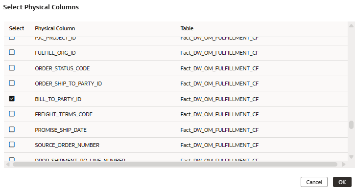 物理列の選択ページ 物理列の選択ページ