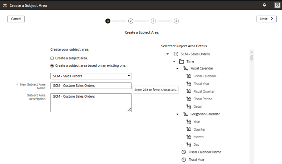 サブジェクト領域の作成ページのウィザードのステップ1