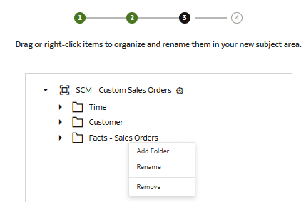 「名前変更」、「削除」および「順序変更」オプションが表示されたウィザードのステップ3