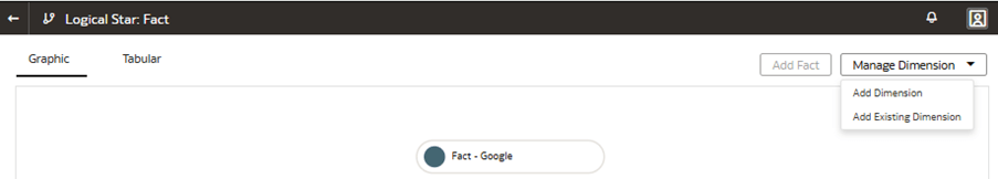 「ディメンションの管理」値リストが表示された「論理スター: ファクト」ページ 「ディメンションの管理」値リストが表示された「論理スター: ファクト」ページ