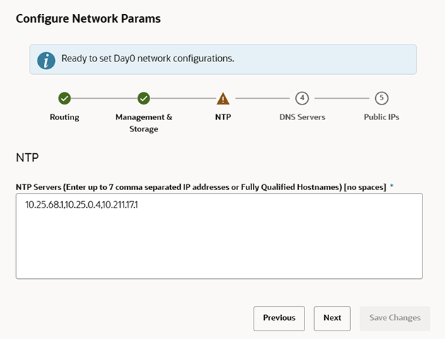 ネットワーク構成ウィザードの「NTPパラメータ」ページを示す図。