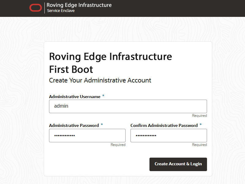 プライマリ管理アカウントが作成された「First Boot」ページを示す図。